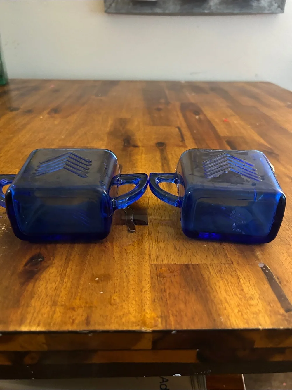 Vintage Hazel Atlas Cobalt Blue Art Deco Chevron Glass Creamer and Sugar Set